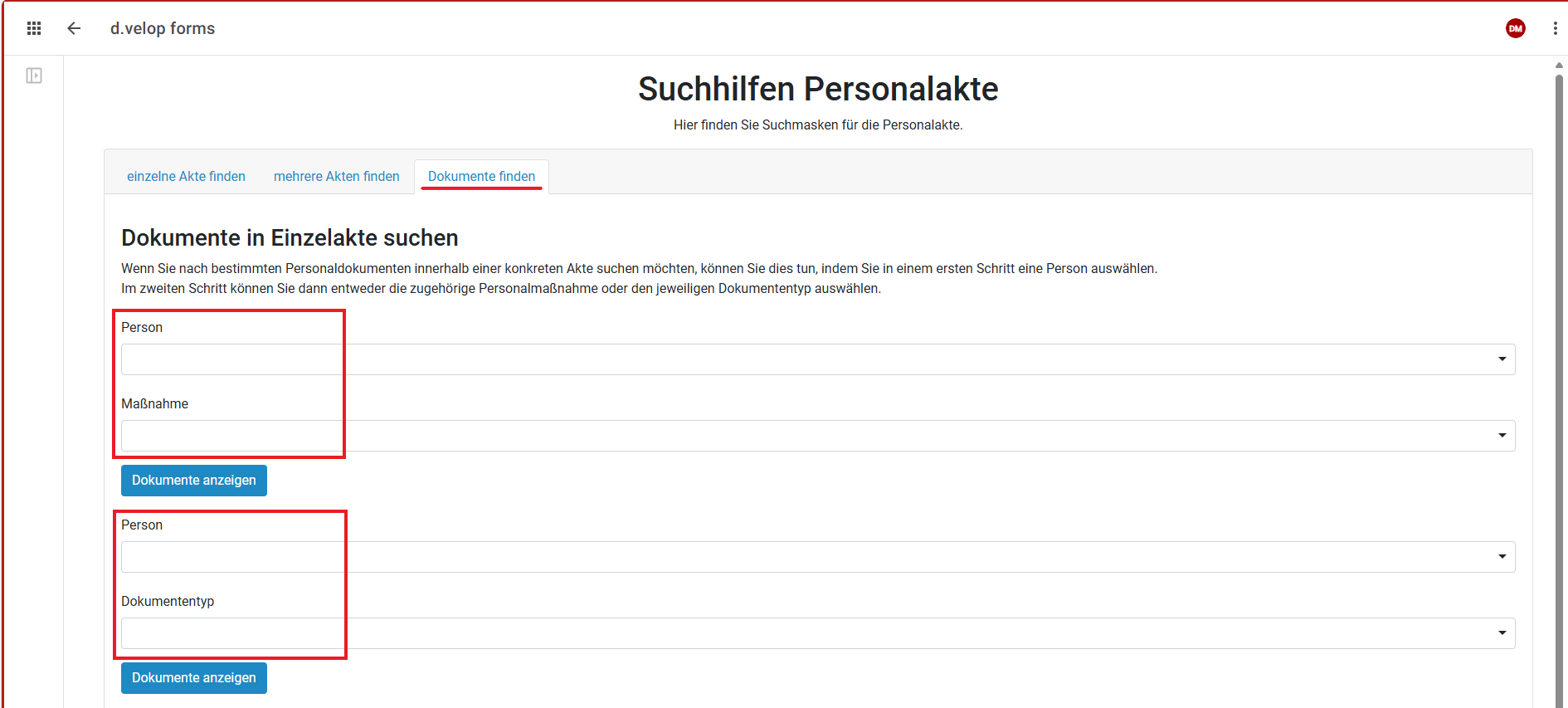 Sie sehen den ausgewählten Reiter zu "Dokumente finden".