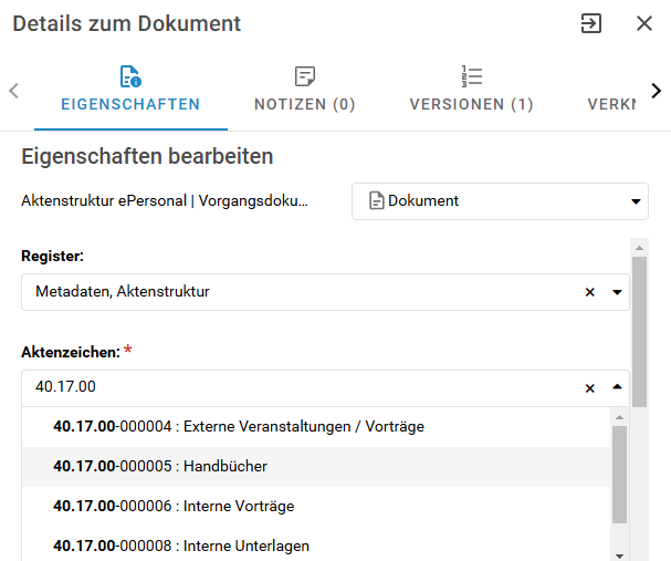 Im Feld Aktenzeichen befindet sich ein Dropdown-Menü, wo Sie das neue Aktenzeichen auswählen können.