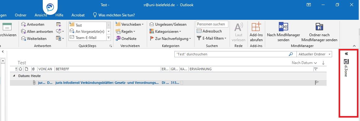 Im rechten Outlook Seitenmenü befindet sich die Schaltfläche d.3one.