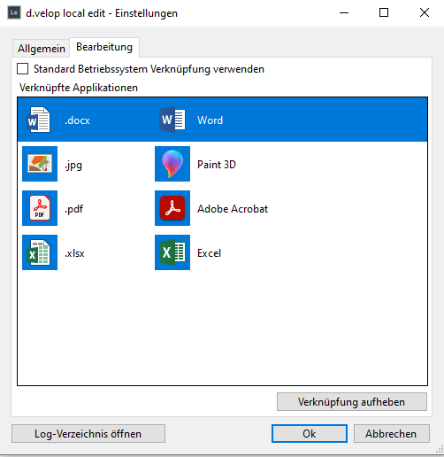 Zu sehen ist der Reiter Bearbeitung der Einstellungen von d.velop local edit.