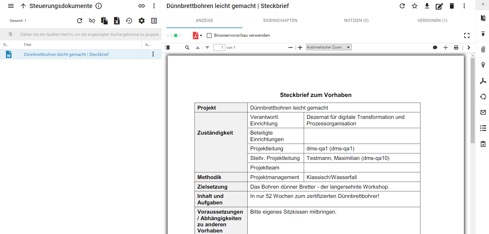 Es wird das Bild eines Bildschirmes gezeigt. Dieser ist geteilt. Links wird der Inhalt des Vorganges Steuerungsdokumente gezeigt. Rechts werden die Metadaten dargestellt.