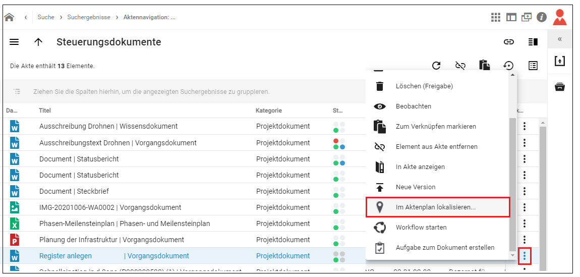 Übersicht des Kontextmenüs des Dokumentenmanagemtsystems. Menüpunkt Im Aktenplan lokalisieren.