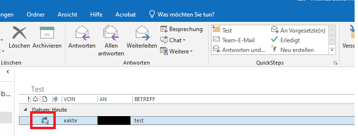 Eine gekennzeichnete E-Mail in Outlook, die bereits im Dokumentenmanagementsystem abgelegt wird.