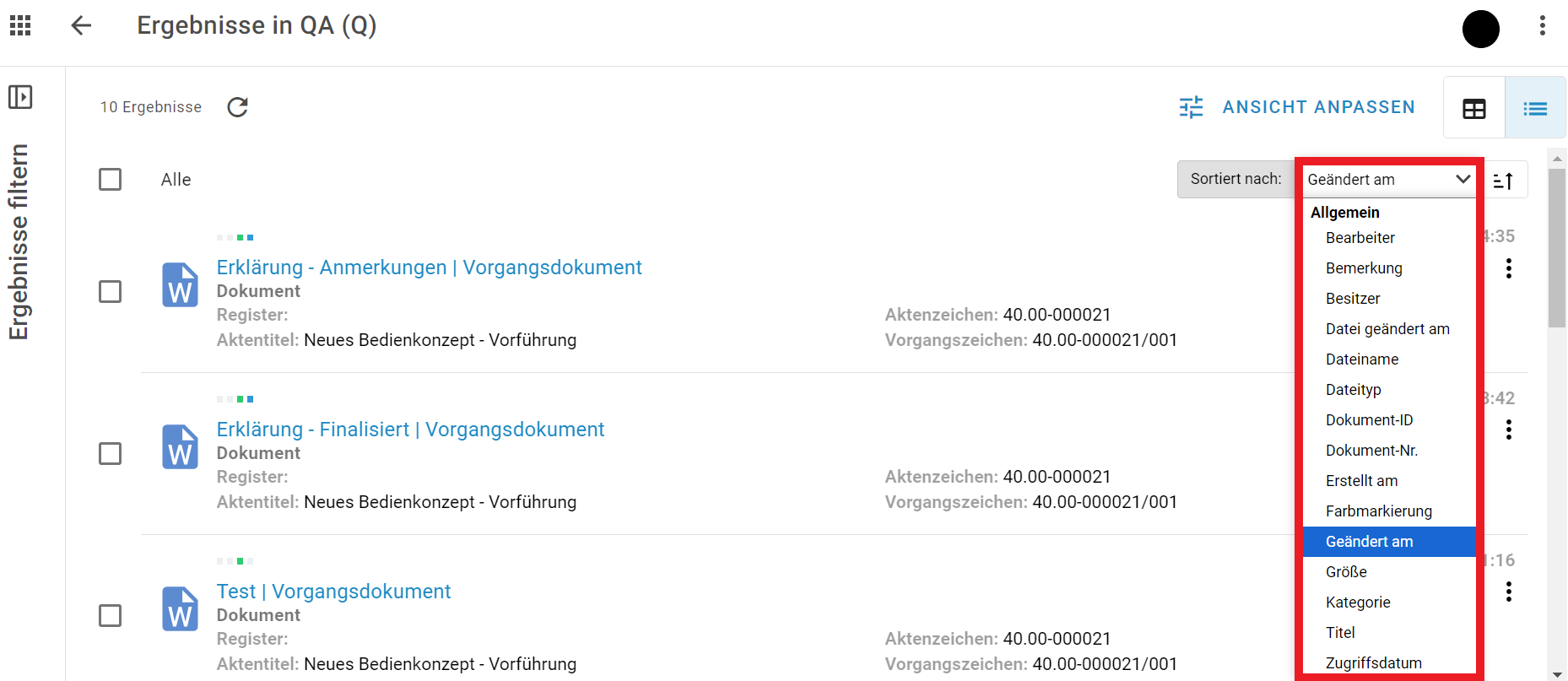 Abbildung der Listenansicht im Dokumentenmanagementsystem. Aufgeklapptes Menü Sortieren nach.