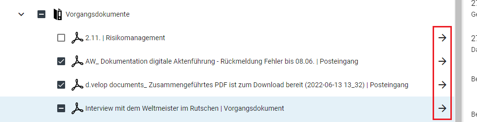 Neben jedem Dokument im PDF-Export befindet sich eine Schaltfläche in Form eines Pfeils nach rechts. Die Pfeile sind im Bild durch einen roten Kasten hervorgehoben.