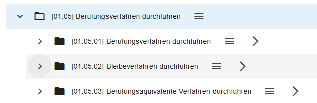 Ansicht des Aktenplans der Berufungsakte unter 01.05.