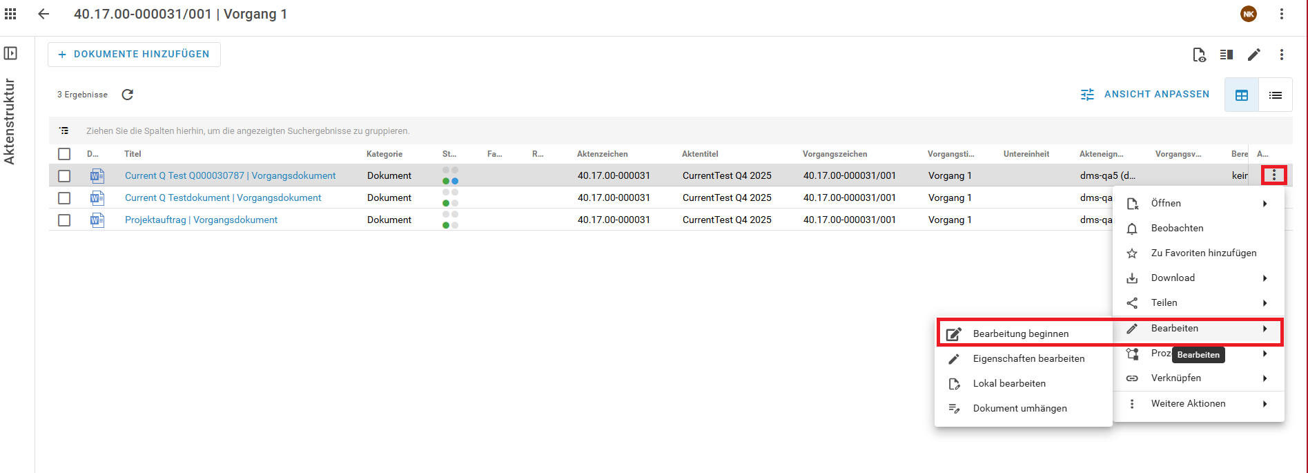 Auf dem Bild ist eine Listenansicht von mehreren Dokumenten zu sehen; eines wurde für die Bearbeitung ausgewählt.
