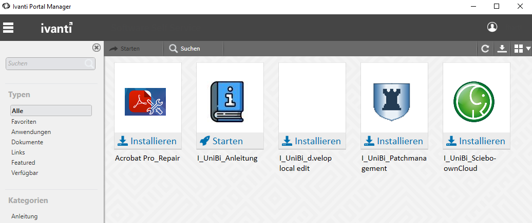 Zu sehen ist die Oberfläche des Ivanti Portal Managers mit dem Icon "I_UniBi_d.velop local edit".