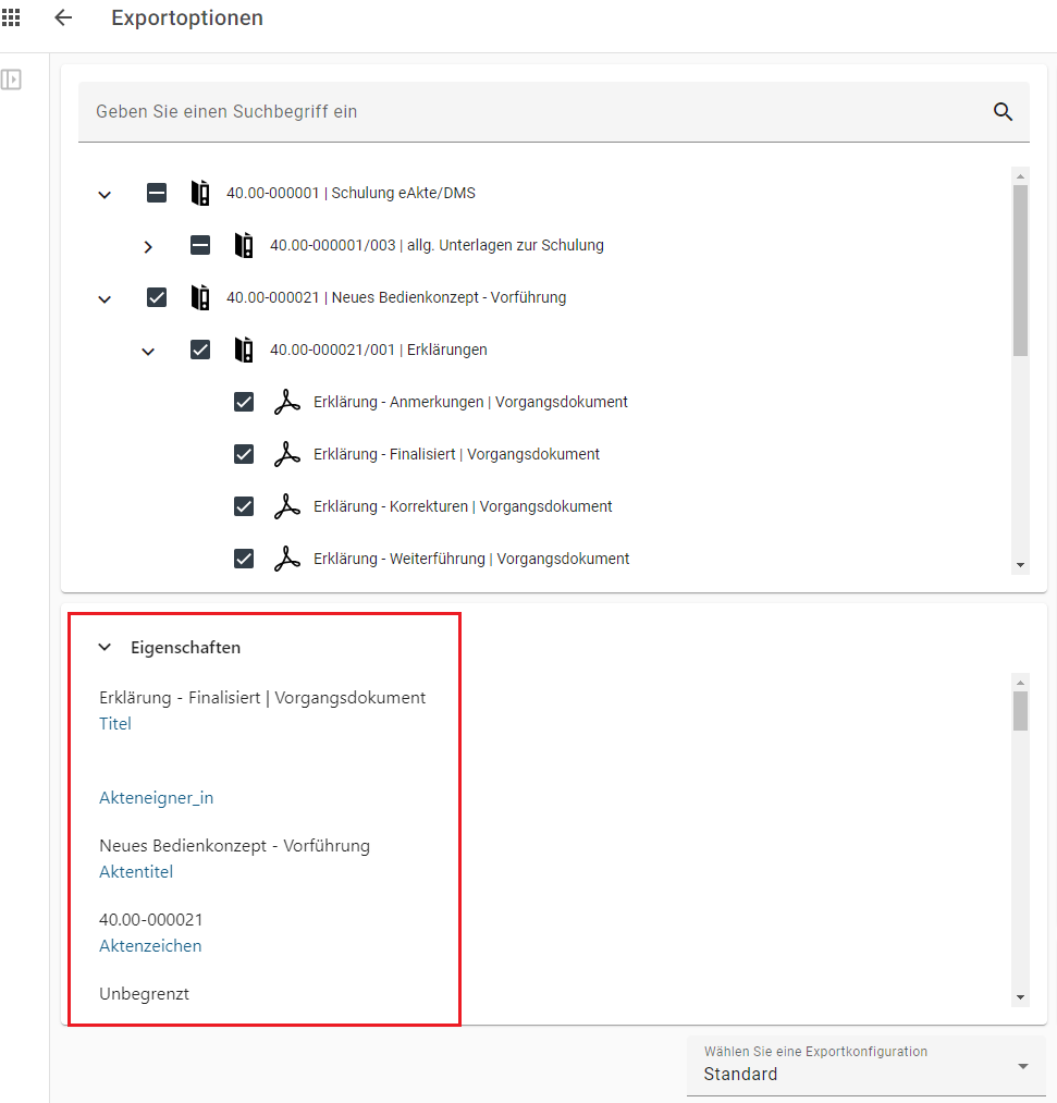 Ein Dokument wurde ausgewählt. In der linken unteren Bildschirmhälfte werden die Eigenschaften des Dokuments durch eine rote Umrandung hervorgehoben.