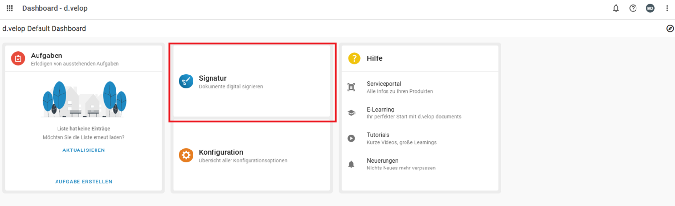 Zu sehen ist die Startseite bzw. das Dashboard von d.velop sign.