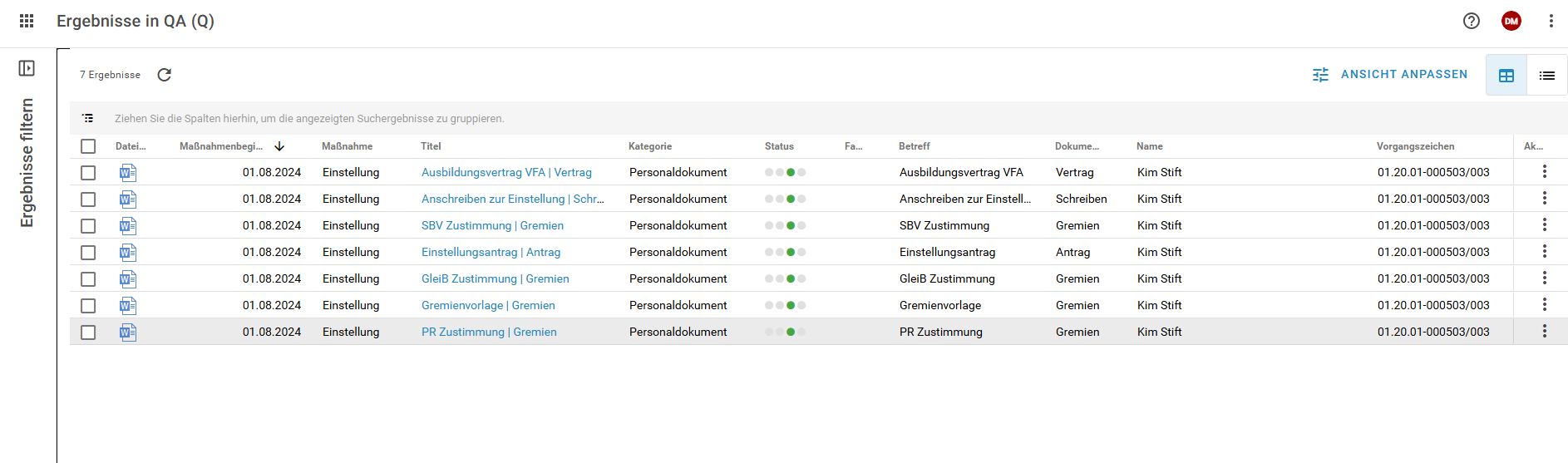 Sie sehen die Ergebnisliste zur vorherigen Auswahl.