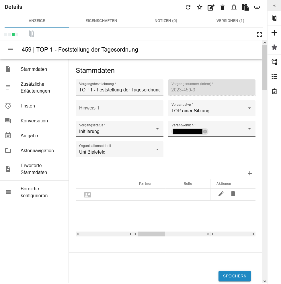 Die Oberfläche des Casemanagers ist zu sehen. Links sind die Menüpunkte und mittig die Eingabefelder der Stammdaten zu sehen.