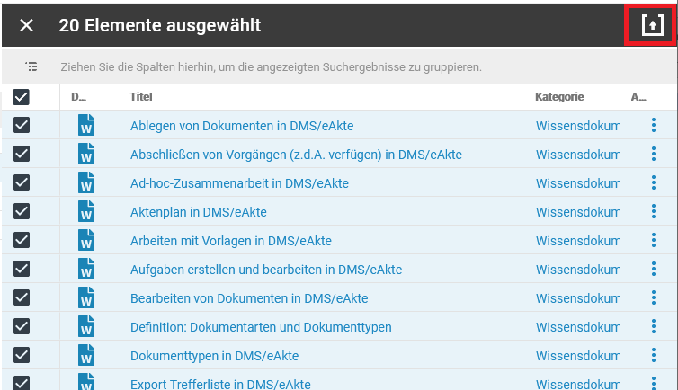 Abbildung einer Auswahlliste eines Exports anhand eines Beispiels.