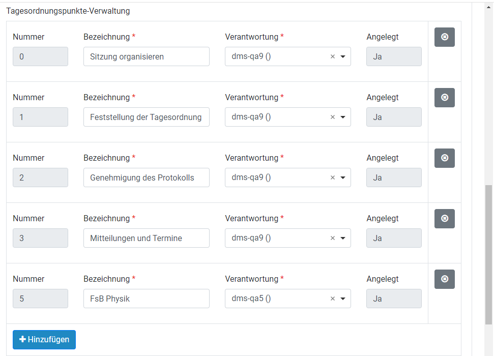 Das Formular zum Vorlagenmanagement einer Sitzung wird gezeigt. Es sind fünf TOPs bereits angelegt. TOP 0 Sitzung organisieren, TOP 1 Feststellung der Tagesordnung, TOP 2 Protokollgenehmigung, TOP 3 Mitteilungen und TOP 5 FsB Physik. Als Verantwortliche sind jeweils verschiedene Testuser eingetragen.