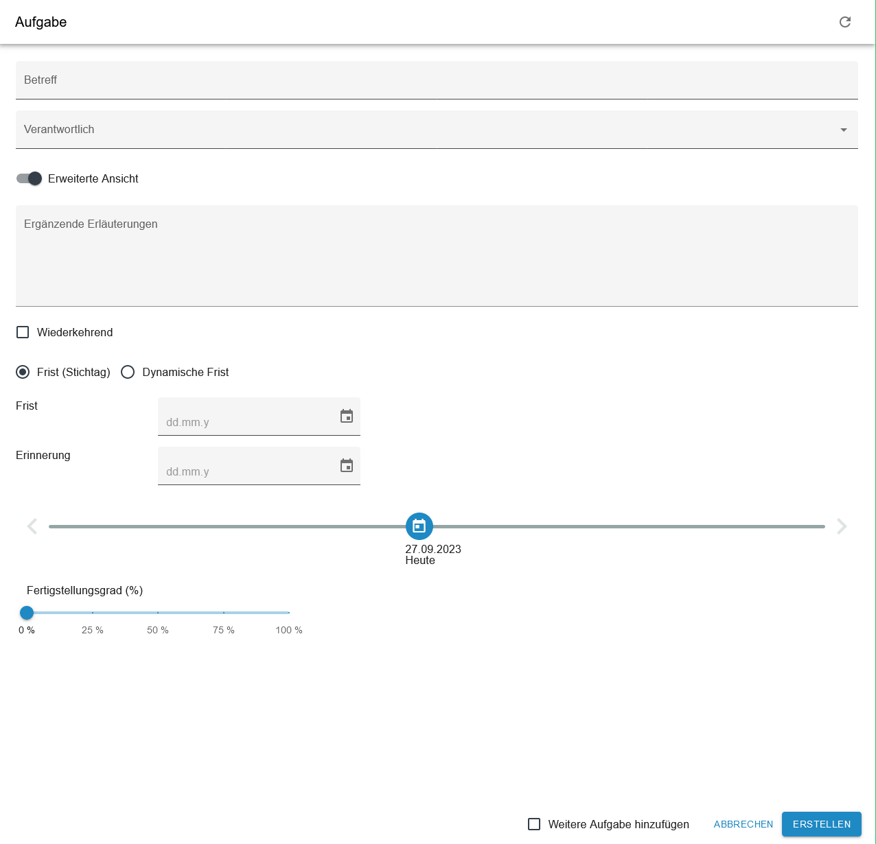 Ansicht der Eingabemaske zur Anlage einer neuen Aufgabe im Casemanager.