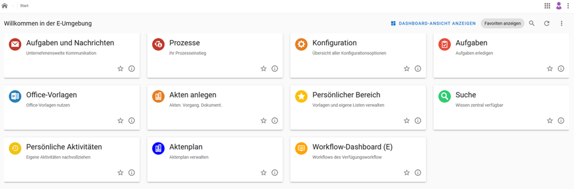 Startseite des Dokumentenmanagementsystems. Unter zwei Menüzeilen befinden sich als Kacheln designt die verschiedenen Funktionen von DMS/eAkte. In dieser Ansicht gibt es die Kacheln 1. Zeile: Aufgaben und Nachrichten, Prozesse, Konfiguration, 2. Zeile: Office-Vorlagen, Arbeiten mit DMS/eAkte, Persönlicher Bereich, 3. Zeile: Suche, Aktenplan und Workflow-Dashboard und in der 4. Zeile Wiki DMS/eAkte.