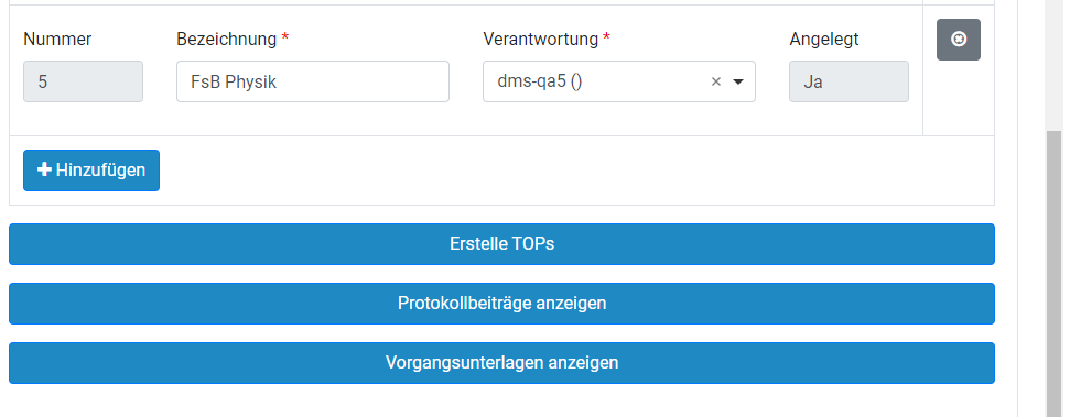 Der untere Teil des Formulars zum TOP Management einer Sitzung wird gezeigt. Der letzte TOP in der Liste ist TOP 5 FsB Physik. Das Formular hat vier Schaltflächen: Hinzufügen, Erstelle TOPs, Protokollbeiträge anzeigen und Sitzungsunterlagen anzeigen