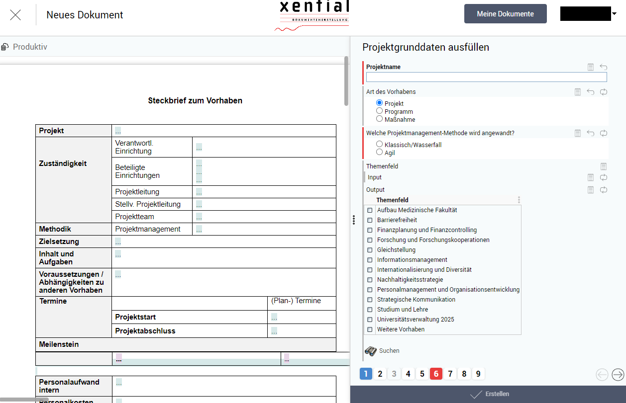 Es wird die Verbindung mit dem Xential-Server hergestellt und ein neuer Tab mit der Xential-Weboberfläche geöffnet. Der Bildschirm ist zweigeteilt. Links die Formular-Vorschau, basierend auf einer word Vorlage. Rechts die Eingabemaske. In der Eingabemaske befinden sich verschiedene Textfelder. Teilweise muss per Anhaken eine Auswahl getroffen werden. Pflichtfelder werden rot dargestellt.