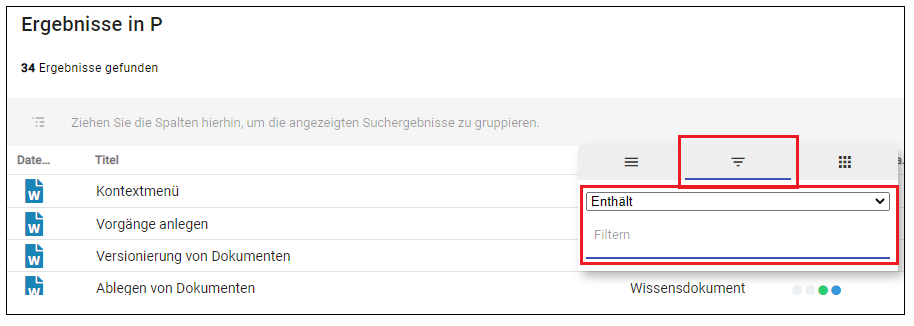 Ansicht in der Tabellenansicht filtern im Dokumentenmanagementsystem.