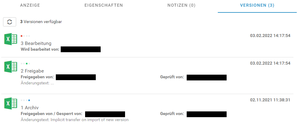 Die Kopfzeile des DMS/eAkte wird gezeigt. Der Reiter Versionen (3) ist ausgewählt. Es sind drei Versionen des ausgewählten Dokuments vorhanden. Die erste Version ist im Status Bearbeitung. Die zweite Version ist im Status Freigabe. Die dritte Version ist im Status Archiv.