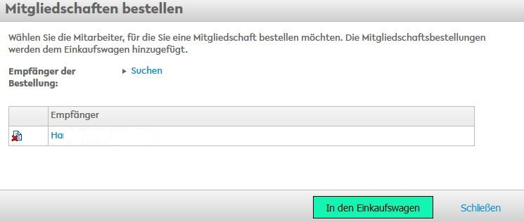 Es ist die Maske des Pop-up-Fensters "Mitgliedschaften bestellen" zu sehen. Dort ist ein Empfänger aufgeführt. Unten rechts sind die Schaltflächen "in den Einkaufswagen" und "Schließen".