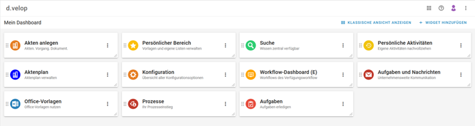 Dashboard des Dokumentenmanagementsystems. Unter zwei Menüzeilen befinden sich die Widgets, die verschiedene Funktionen von DMS/eAkte aufrufen. In dieser Abbildung befinden sich folgende Widgets in der ersten Zeile: Aufgaben und Nachrichten, Prozesse, Konfiguration, Suche, Persönliche Aktivitäten, in der zweiten Zeile: Aktenplan, Konfiguration, Workflow-Dashboard, Aufgaben und Nachrichten, in der dritten Zeile: Office-Vorlagen, Prozesse, Aufgaben.