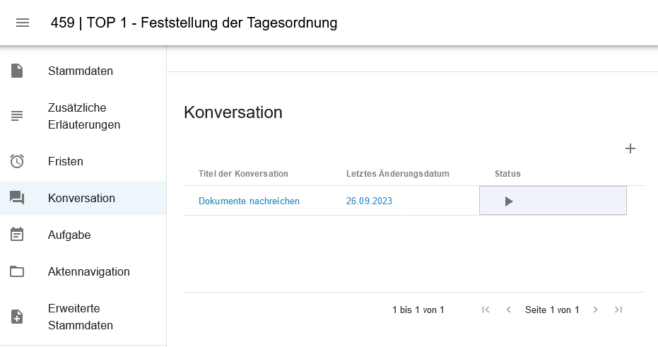 Übersicht der erstellten Konversationen. Rechts über der Tabelle ist ein Plus-Symbol.