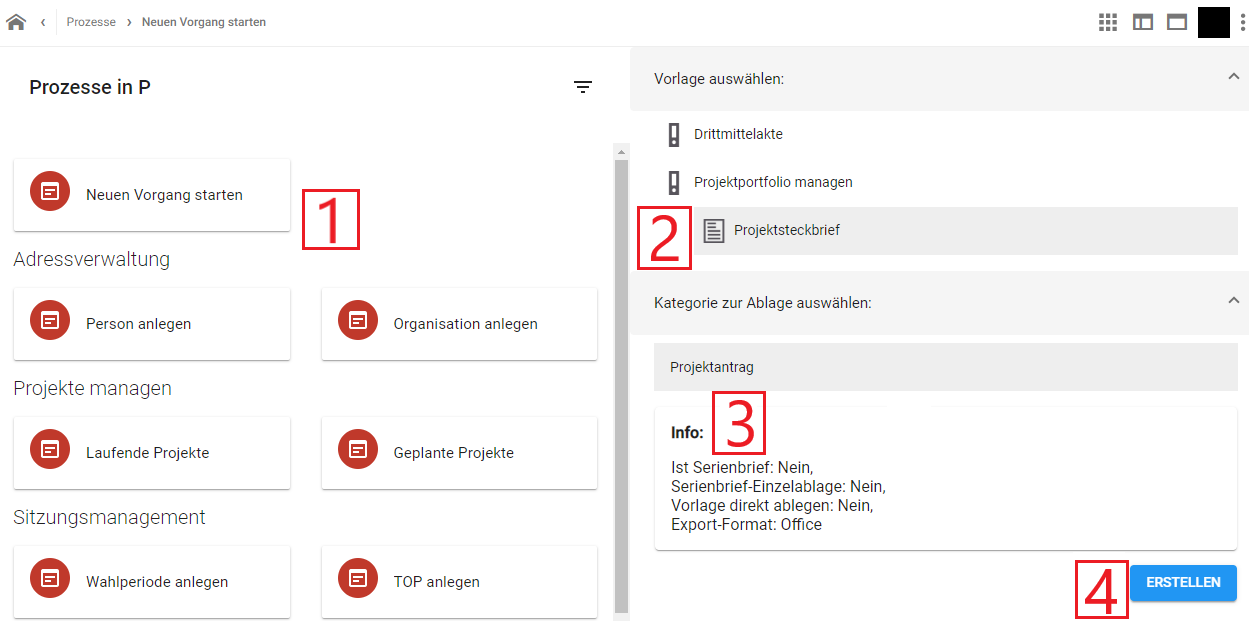 Es wird eine geteilte Bildschirmansicht angezeigt. Auf der linken Hälfte sind die Widgets mit den Prozessen abgebildet, das Widget Neuen Vorgang starten ist mit der Ziffer 1 versehen. Auf der rechten Seite ist der aufgeklappte Weg dargestellt. Vorgang auswählen, Projektakte, Projektsteckbrief, markiert als 2, dann Projektantrag, markiert mit 3, schließlich Erstellen, mit 4 markiert.