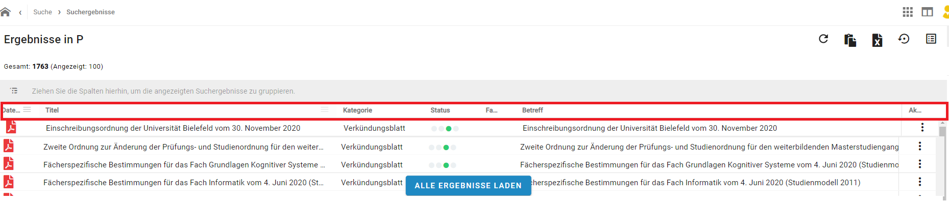 Abbildung der Trefferliste in der Tabellenansicht des Dokumentenmanagementsystems.