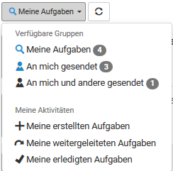 Das Drop-down-Feld unter "Meine Aufgaben" ist zu sehen. Es werden die verfügbaren Gruppen (Meine Aufgaben, An mich gesendet, An mich und andere gesendet) sowie "Meine Aktivitäten" (Meine erstellten Aufgaben, Meine weitergeleiteten Aufgaben, Meine erledigten Aufgaben) angezeigt.