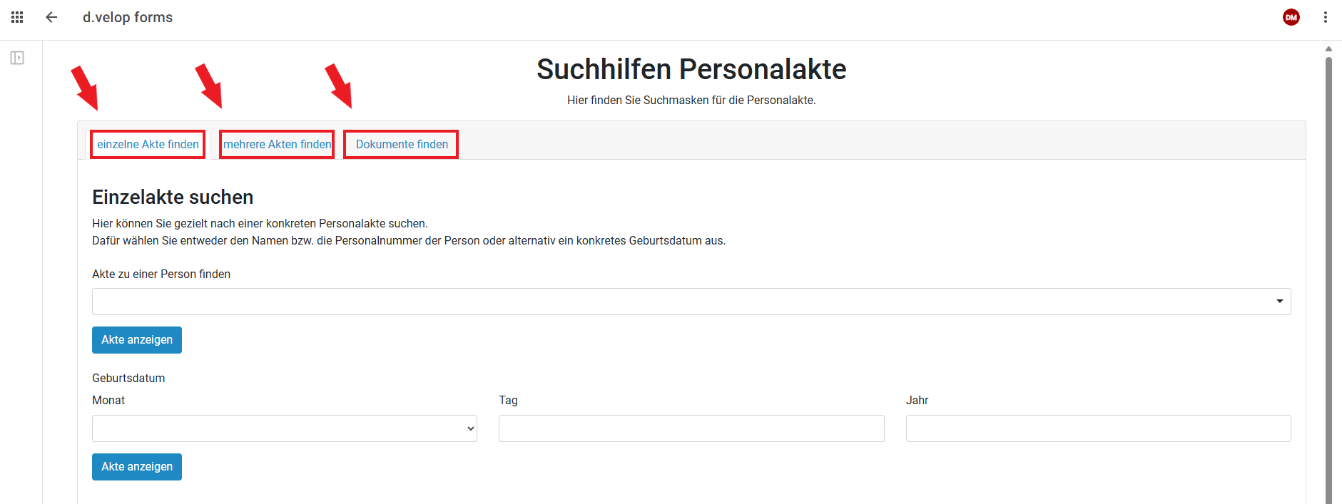 Sie sehen die Suchhilfen zur Personalakte.