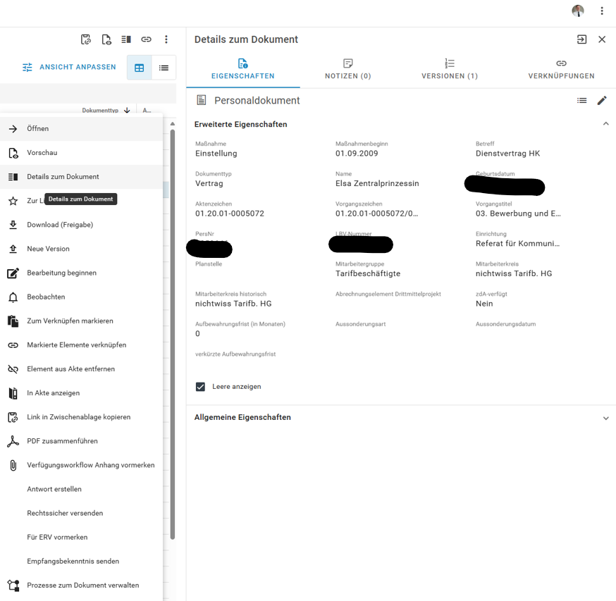 Ihnen werden die Erweiterten Eigenschaften des Dokuments Dienstvertrag angezeigt.