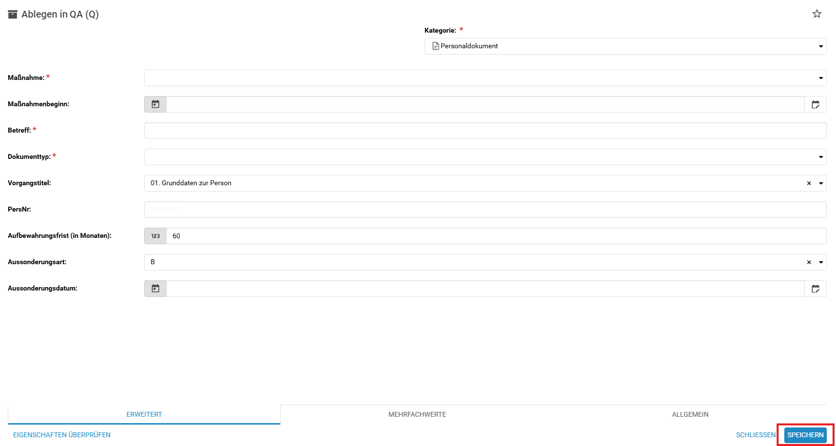 Sie sehen den Importdialog mit Fokus auf den Speicher-Button.