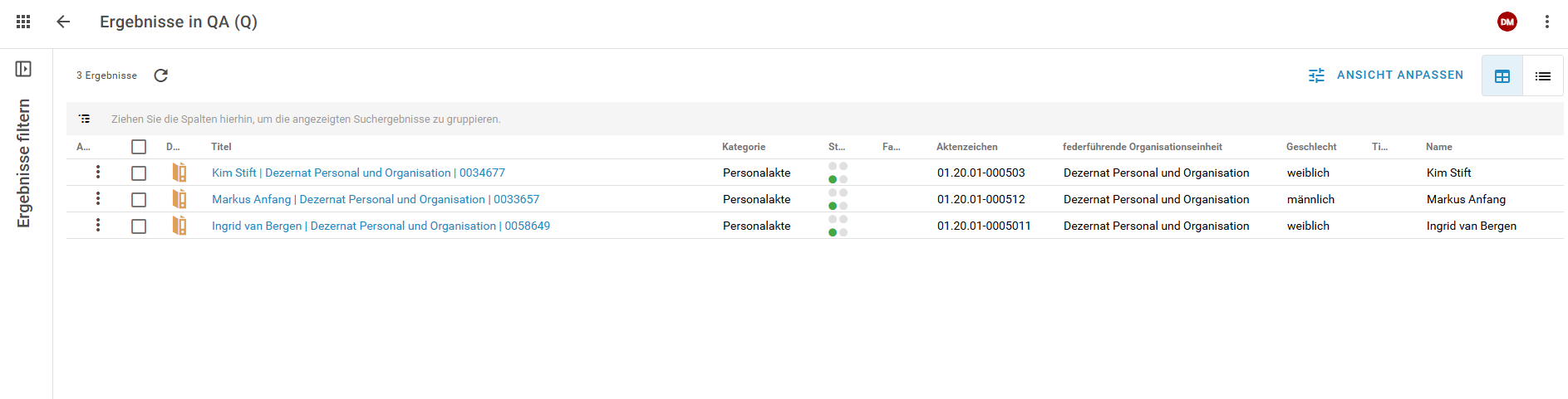 Sie sehen die Trefferliste des vorherigen Suchvorganges.