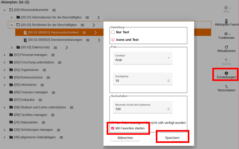 Das Einstellungsfenster des Aktenplans ist geöffnet. Die Schaltfläche im rechten Seitenmenü in Form eines Zahnrads ist rot hervorgehoben. In den Einstellungen ist die Auswahl Mit Favoriten starten rot hervorgehoben.