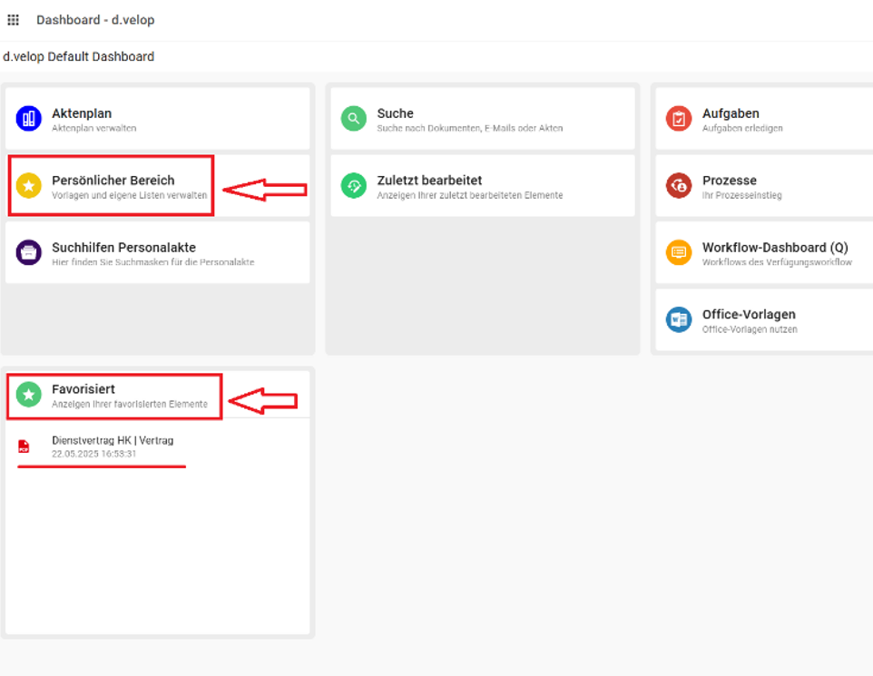 Ihre Favoriten werden im Dashboard angezeigt.