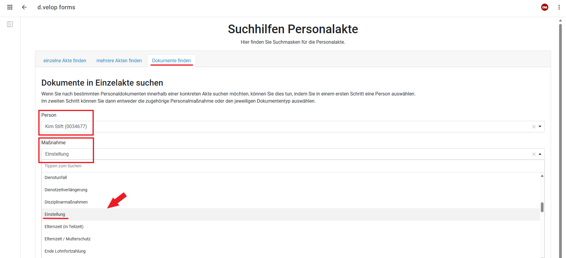Sie sehen den ausgewählten Reiter zu "Dokumente finden" mit ausgefüllten Feldern.