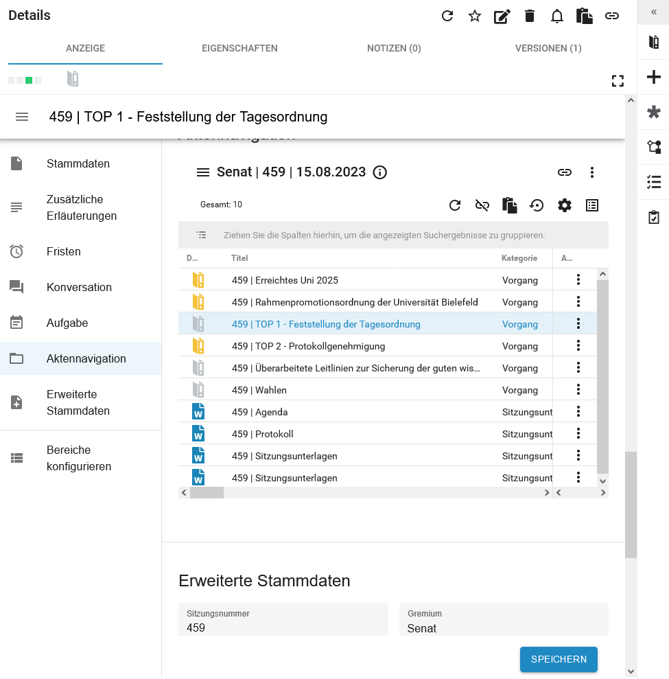 Ansicht der Aktennavigation im Casemanager mit Vorgängen und Dokumenten in einer Ergebnisliste.