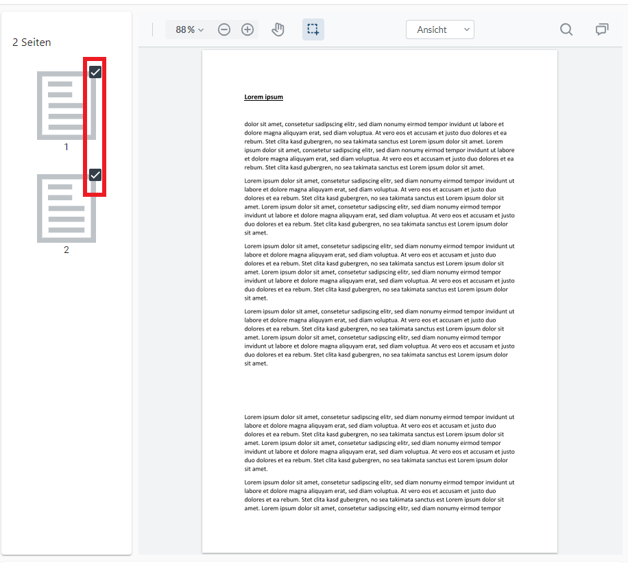 Die Vorschau zeigt ein zweiseitiges Dokument. Die Häkchen zur Auswahl an jeder einzelnen Seite sind durch einen roten Kasten hervorgehoben.