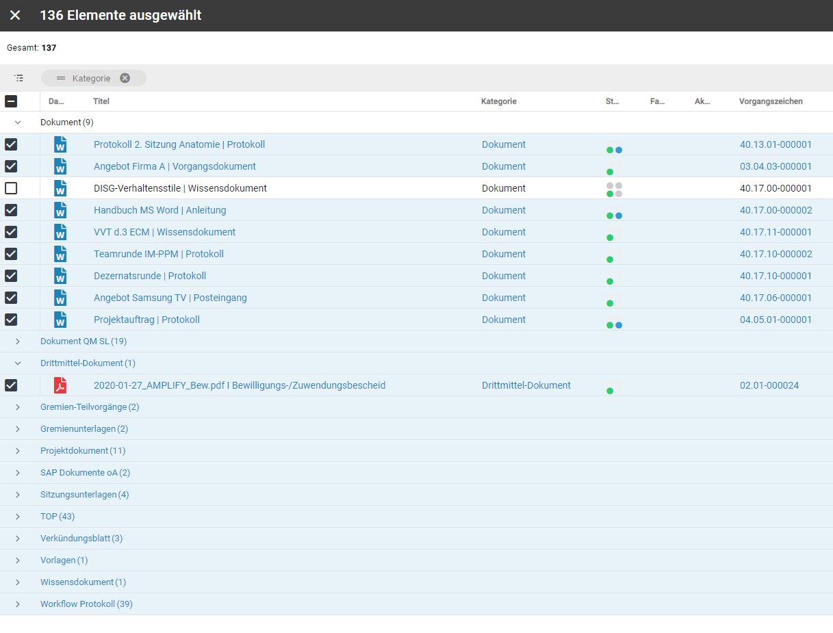 Die Dokumente eines Vorgangs wurden nach ihrer Kategorie gruppiert. Die Kategorien Dokument und Drittmittel-Dokument wurden ausgeklappt.