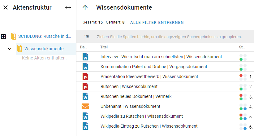 Im DMS/eAkte wurde ein Vorgang geöffnet. Die Wissensdokumente des Vorgangs werden angezeigt. Die einzelnen Dokumente weisen verschiedene Status auf. Diese wurden von 1 bis sechs nummeriert.