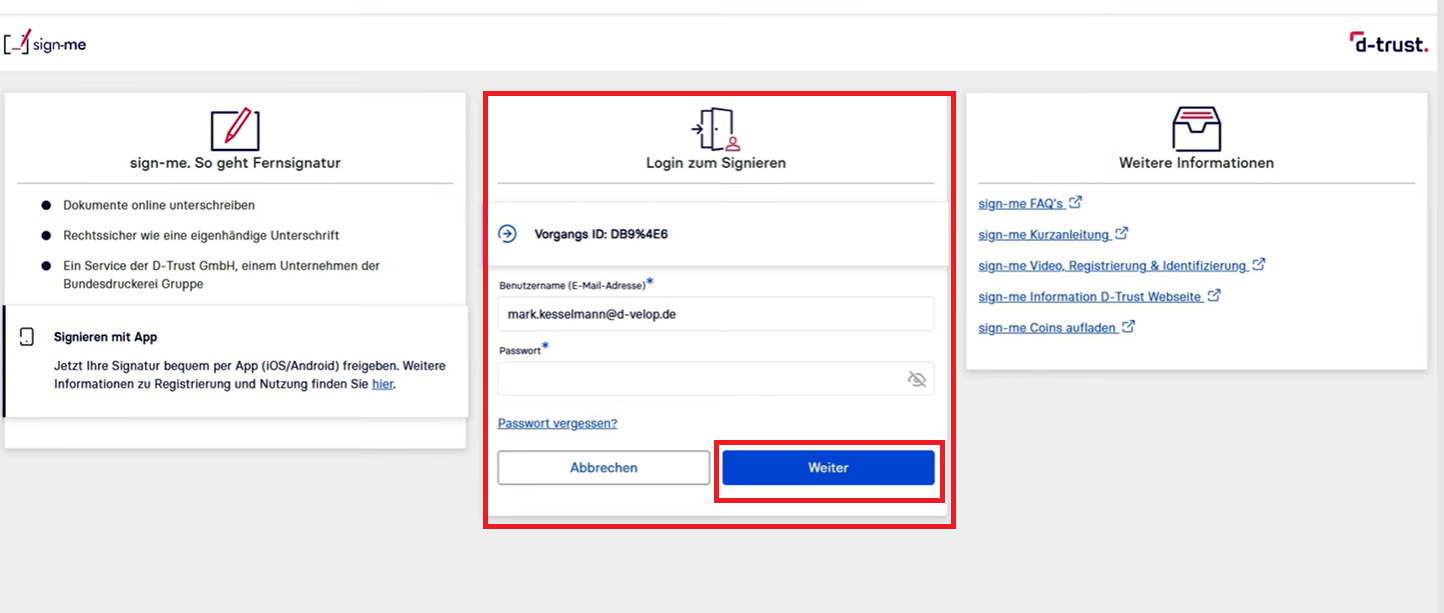 Hier wird dargestellt, wie Sie sich bei der Bundesdruckerei anmelden, um das Dokument zu signieren.