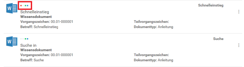Zwei Dokumente in der Listenansicht sind zu sehen. Auf der linken Seite, rechts vom Microsoft Word Symbol, sind vier rechteckige Kästchen zu sehen, wovon das ganz linke rot ist.
