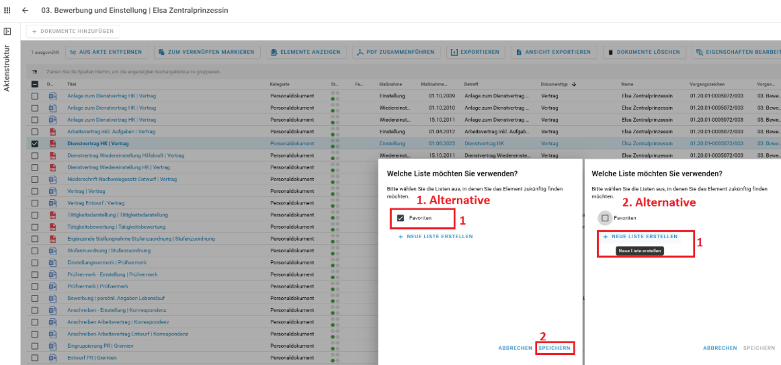 Sie sehen, wie Sie zu bestehenden Favoriten hinzufügen oder wie Sie eine neue Favoritenliste erstellen können.
