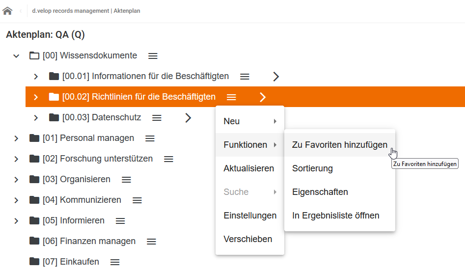 Im rechten Seitenmenü des DMS ist das Untermenü unter den drei waagerechten Strichen ausgewählt. Es enthält die Einträge Zu Favoriten hinzufügen, Sortierung und Eigenschaften. In Zu Favoriten hinzufügen ist ausgewählt.