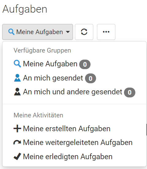 Es wird das Aufklappmenü Meine erstellten Aufgaben gezeigt.