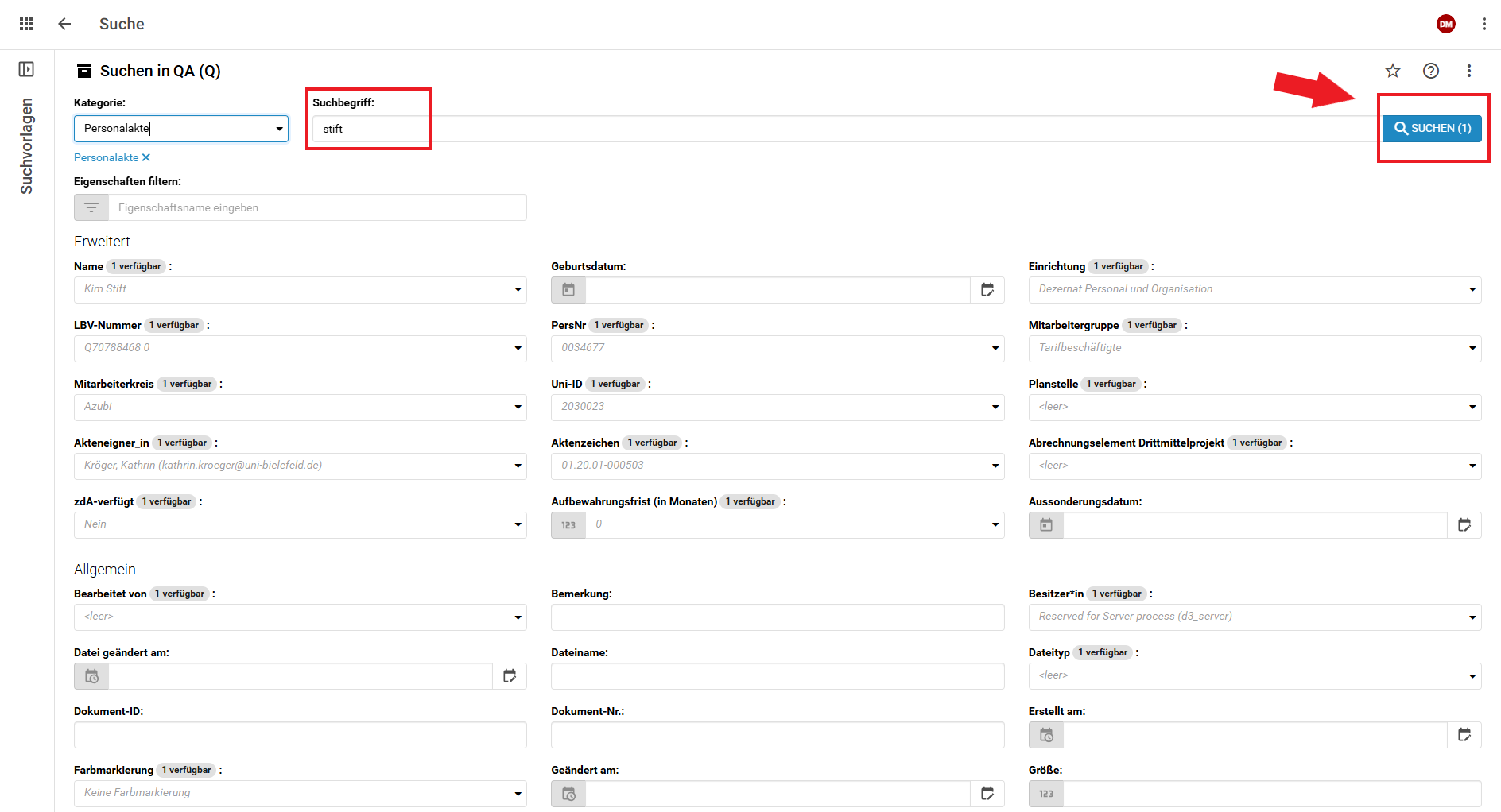 Sie sehen die allgemeine Suchmaske mit markierten Such-Button.