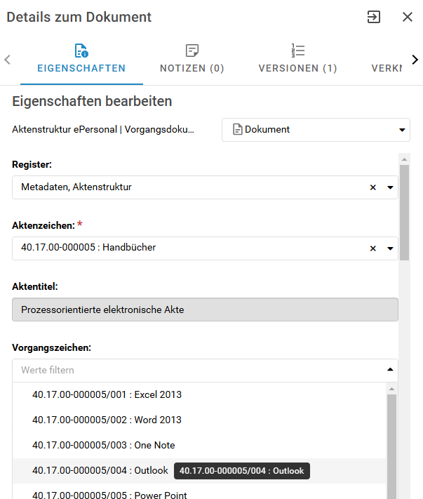 Nach der Änderung im Feld Aktenzeichen können Sie das Feld Vorgangszeichen anpassen. Hier bekommen Sie die passenden Vorgangszeichen zu dem neuen Aktenzeichen zur Auswahl angeboten.