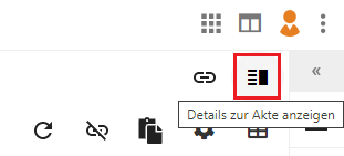 In der rechten oberen Ecke des DMS/eAkte ist das Symbol Details zur Akte rot hervorgehoben. Das Icon ist quadratisch. In der linken Hälfte besteht es aus vier untereinanderliegenden Linien - in der rechten Hälfte besteht es aus einem schwarzen Rechteck.