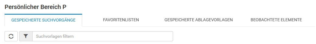 Die Reiter gespeicherte Suchvorgänge, Favoriten, gespeicherte Ablagevorlagen und beobachteten Elemente sind zu sehen.